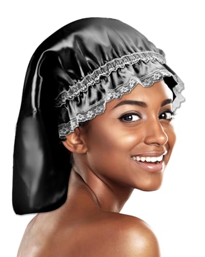 FOLAI Gorro de dormir de seda, suave y cómodo de satén, gorro largo de satén para mujer, gorro de seda para dormir, transpirable (negro)