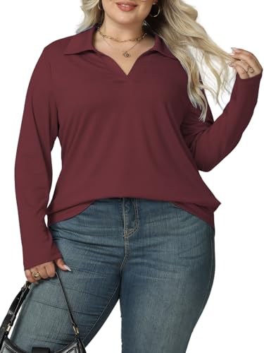 VISLILY Womens-Plus-Size-Tops Casual Collared V Neck Polo Shirts Flowy Long Sleeve Tunics Trendy Work Blouses XL-5XL2