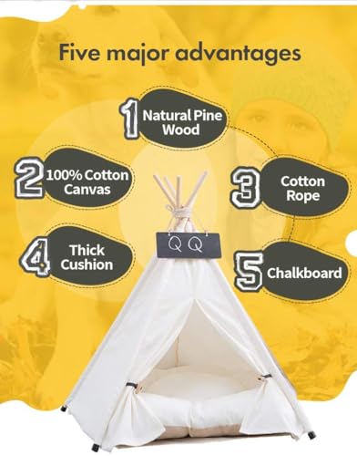 Sunnykud Tipi Zelt für Haustiere Hundezelt Katzenzelt Haustierzelte Häuser mit Kissen Abnehmbar und Waschbar Haustierbett Wegklappen Haustier Hundebett Katzenbett (M:50x50x60cm, weiß)