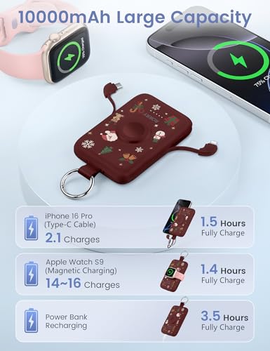 Image of RORRY CharmGo Portable Charger, 10000mAh 20W Fast Charging Portable Charger Power Bank with Built in Cables, Travel Battery Pack for iPhone 17 /16 /15 /14 /13 /12 and Apple Watch, Christmas Red