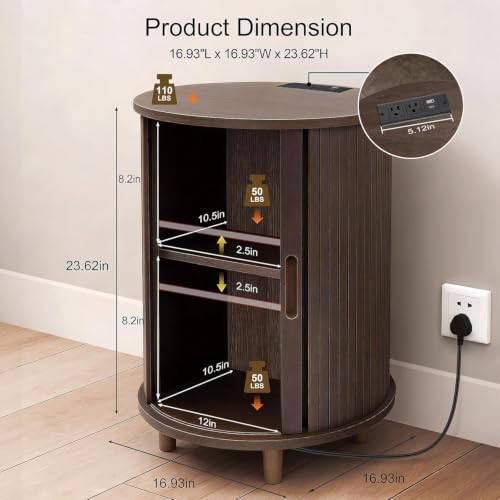 Image of DHH End Table Set of 2 with Storage & Charging Station, Fluted Accent Side Table with Sliding Door & Adjustable Shelf, Mid-Century Nightstand for Small Spaces, Living Room, Bedroom(2, Dark Walnut)