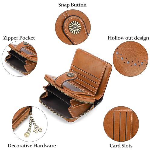 Image of Small Wallet for Women Leather Bifold Compact RFID Blocking with Zipper Coin Pocket