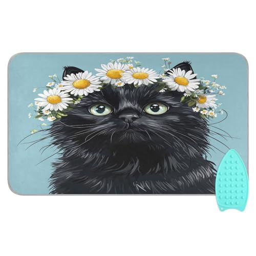 pnyoin Portable Ironing Mat Cute Cat White Daisies Travel Ironing Pad with Silicone Iron Rest for Steam Pressing on Tabletop or Bed Heat Resistant Portable Quilting & Travel Blanket