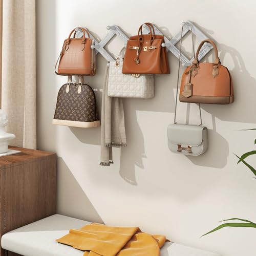 Homode Accordian Wall Hanger, Expandable Coat Rack Wall Mounted, Accordion Style Wood Hat Rack with 13 Peg Hooks for Hanging Coats, Hats, Mugs, Bags, Purses, Necklaces, Rustic White by Homode - Used condition - Image 6