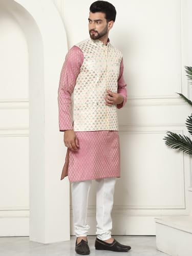 Sojanya (Since 1958 Men's Silk Blend Printed Pink Kurta And Cream Pyjama With Designer Cream Nehru Jacket