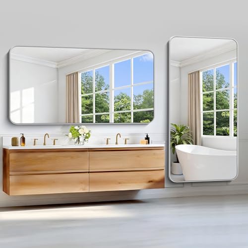 Image of Silver Bathroom Mirror, 72 x 36 Inch Large Rectangle Mirror, Rectangular Vanity Mirror Aluminum Metal Frame, Rounded Corner Wall Mirror for Living Room Bedroom Entryway Horizontal /Vertical