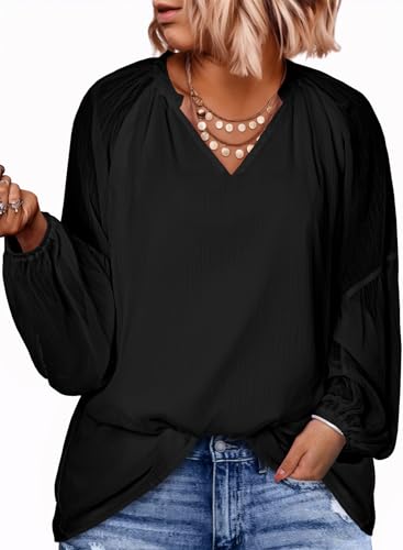 Eytino Women Plus Size Tops Summer V Neck Long Sleeve Button Down Pleated Business Work Blouse Shirts(1X-5X)