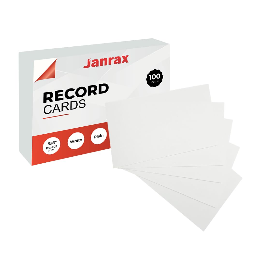 Pack of 100 White Plain 8x5 Record Cards – Blank Study Index Cards for Notes, Revision