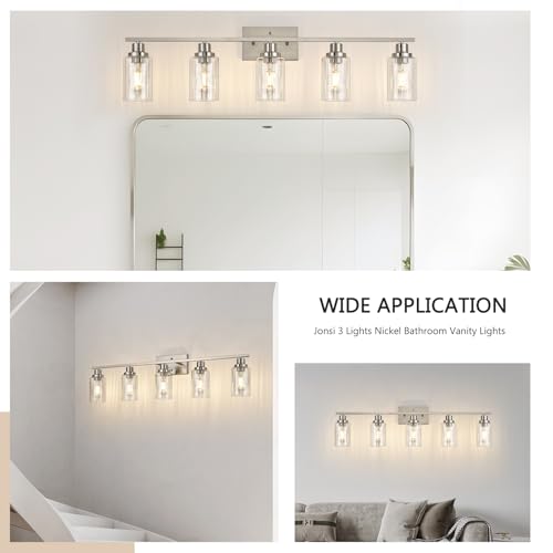 Image of Jonsi Nickel 5-Light Bathroom Vanity Light with Glass Shade, Modern Nickel Bathroom Lights Over Mirror, W 40.2 x H 10.7 inches