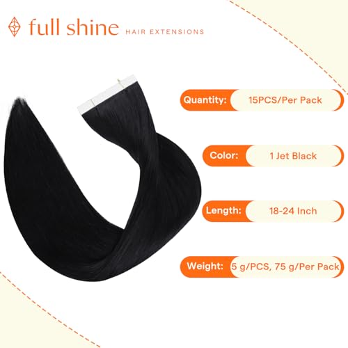 Image of Full Shine Wide Human Hair Tape in Extensions, Jet Black 18 Inch | 75g 15 PCS, Invisible Tape in Hair Extensions, Remy Human Hair, Wide Weft, Full Coverage, Volume Boost, Straight Style