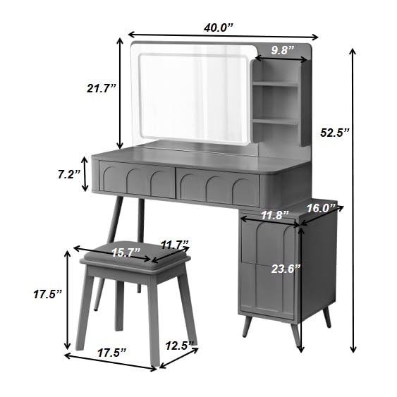 Image of JIVOIT Modern Makeup Vanity Desk with Mirror, Dressing Table Set with Stool, Unique Fluted Waveform Panels, Space-Saving Vanity Set with 4 Drawer, Strong Metal Legs, Easy Assembly (Black / /3)
