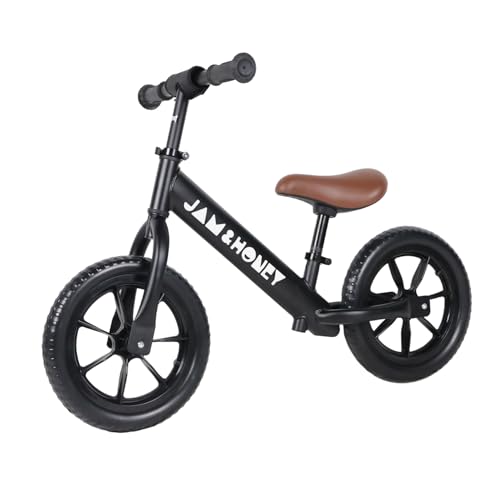 Image of Amazon Brand - Jam & Honey 12T Balance Bike for Kids | Adjustable Handlebar & Seat | Anti-Puncture Wheels | Max Weight 25 Kg | 2+ Years | Black