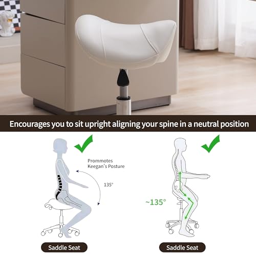 Image of FIRAVOE Saddle Stool, Swivel Saddle Stool with Wheels, Adjustable Rolling Stool 18 inch-26 inch, Faux Leather Rolling Stool for Salon, Massage, Clinic, Lab, Office, White, 1PCS