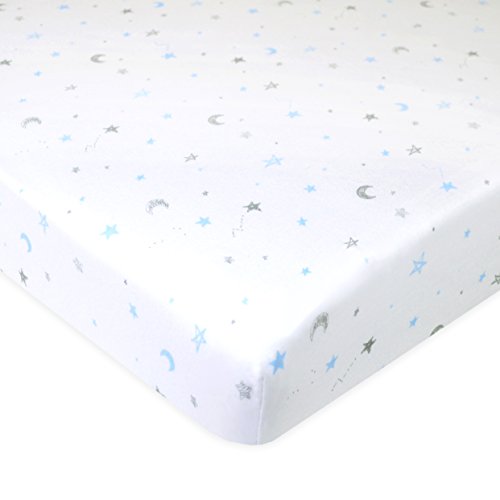 Image of American Baby Company 100% Natural Cotton Jersey Knit Fitted Portable/Mini-Crib Sheet, Blue Stars and Moons, 24" x 38", Soft Breathable, for Boys and Girls
