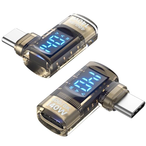 SOOPII 140W Right Angle USB C Power Meter,Bi-Directional Adapter with Voltage,Current and Power Display,Male to Female USB C Adapter for iPhone 16,iPad Pro,MacBook,2Pack,Black