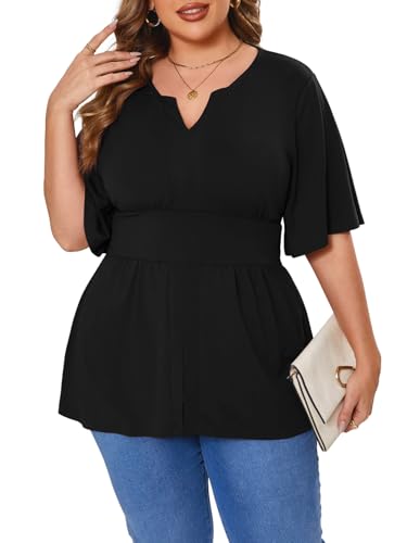 Beauhuty Women's Plus Size Shirts V Neck Loose Tops Ruffle Short Sleeve Blouse Casual Work Trendy Dressy Shirred Tunic