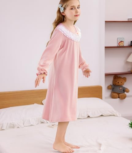 ABALACOCO Cotton Nightgown for Girls Short Long Sleeve Pajamas Dress Princess Kids Toddlers Pretty Lace Loose Sleepwear Dress3