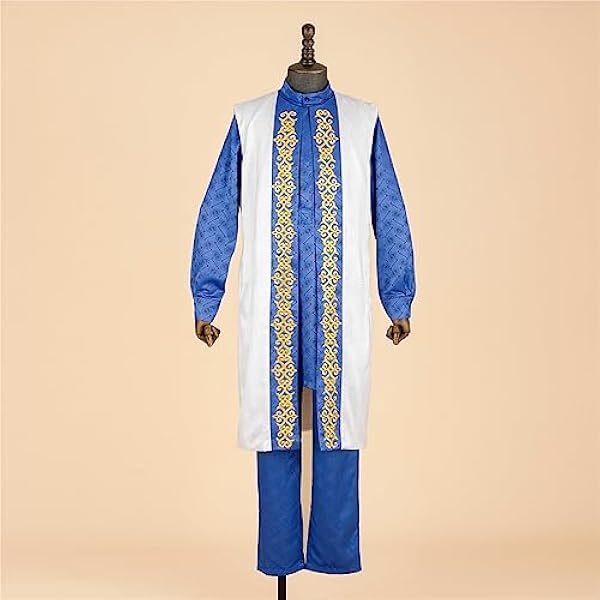 Afrikaanse mannen traditionele pak lange jacquard 3-delige set effen kleur shirt volledige broek trouwjurk