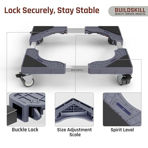 Image of BUILDSKILL 200Kg Washing Machine Stand Adjustable | SS Tubes | 360 Rotating Double Wheels with Lock | Absorbs Vibration | Anti-Skid Top & Front Load Washing Machine Trolley (Grey)