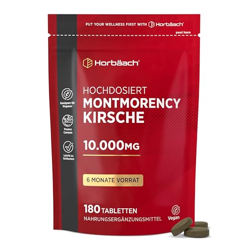 Montmorency Sauerkirsche 10.000mg (50:1) | 180 Vegane Tabletten - 6 Monate Vorrat | Kirsche Extrakt pro Portion | Tart Cherry | Horbaach