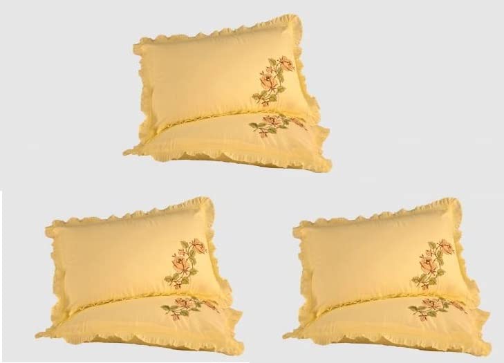 Planet Home Cotton Embroidery Frill Pillow Cover Set of 6 (Size 27 * 17) (Beige Heavy Frill)