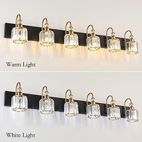 Image of Ralbay Crystal Vanity Lights 6-Lights Modern Crystal Bathroom Vanity Lights Over Long Mirror Modern Black Gold Bathroom Vanity Lighting Fixtures