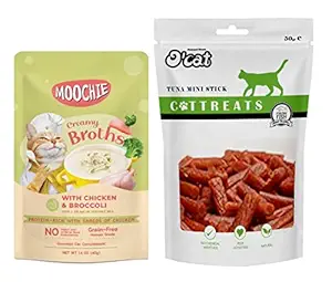 OCat Tuna Mini Stick Snacks 50 GMS + Moochie Creamy Broths Cat Soup with Chicken and Broccoli no Added Flavour and Preservatives Grain Free Human Grade Size : 40 GMS Pouch