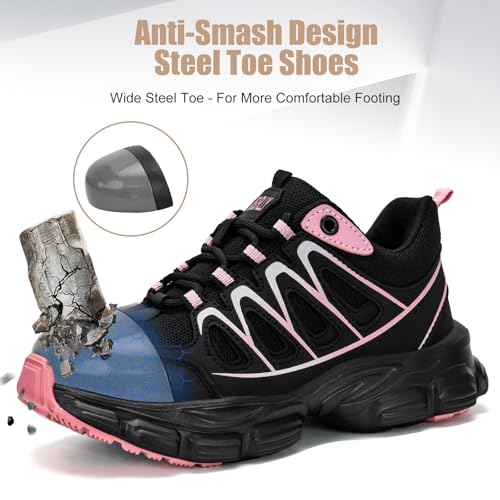Image of Hogent Steel Toe Shoes for Women Men Wide Non Slip Work Sneakers Indestructible Shoes Lightweight Breathable Construction Sneakers Puncture Proof Ergonomic Design