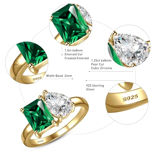 2.75ct 14K Gold Plated Toi Et Moi Women's Engagement Ring 6x8mm Pear & Emerald Cut Double Stone Ring AAAAA Cubic Zirconia 925 Sterling Silver Wedding Band Width 2mm Size 5-93