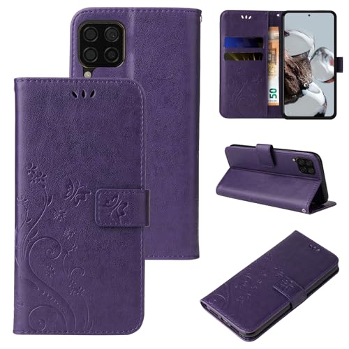 LBH Handy Hülle für Huawei P40 Lite Case Handytasche Schmetterling Blumen Flower Standfunktion Schutzhülle Magnet Rundum Schutz 360 Grad Flipcase Cover Violett