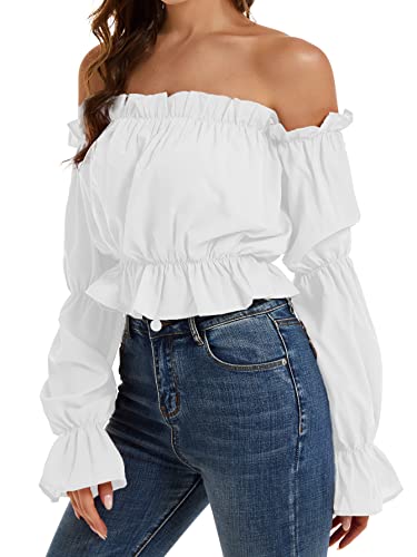 LYANER Women's Off Shoulder Ruffle Trim Puff Long Sleeve Tube Crop Blouse Shirt Top4