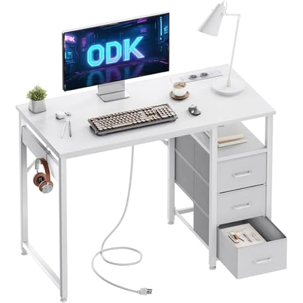 ODK Małe biurko z 3 szufladami z materiału, 100 x 48 x 75,5 cm, biurko komputerowe z 2 gniazdami wtykowymi i portami USB, odwracalne biurko do małego biura domowego, białe