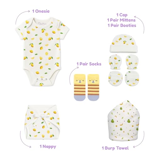 Image of MOM'S HOME Organic Cotton Baby Essentials Gift Set | Baby Shower Gift Hamper | Baby Clothing Gift Combo | Lemon | Pack of 7