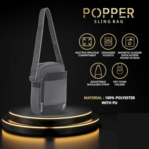 Image of SWISS MILITARY Black Gold Collection Popper Sling Bag, Stylish Crossbody Bag with Adjustable Strap, Organizer Compartments, PU Trim, Magnetic Quick-Access Pocket, Key Holder, 5L Unisex