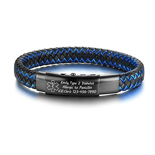 VNOX Free Custom Engraving Handmade Braided Two-Tone Adjustable Leather Emergency Medical Alert ID Bracelets Wristband for Men