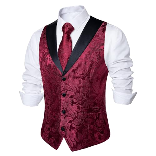 Image of DiBanGu Mens Paisley Suit Vest Silk Jacquard Waistcoat and Necktie Set Formal Shawl Collar Dress Vest 7PCS for Wedding Party