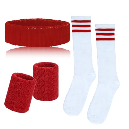 Sucrain 5 Pieces Striped Sweatbands and Socks Set Sports Sweatbands Wrist Sweat Bands Red&White High Tube Socks 80s Accessories Costumes Christmas for Men Women (Red)