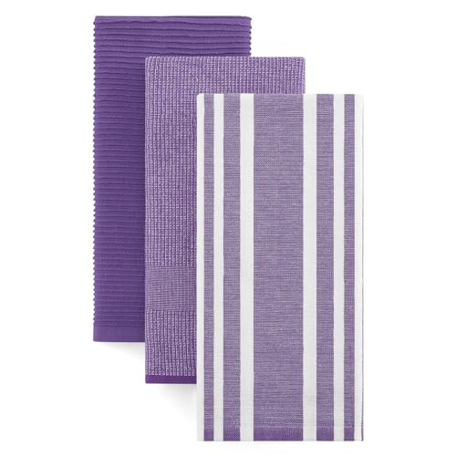 Image of Homaxy Premium Kitchen Towels(18 inchx 28 inch, 3 Pack), Large Cotton 380 GSM Kitchen Hand Towels, Soft and Absorbent Terry Dish Towels, Multipurpose Tea Towel Set with Hanging Loop, Purple