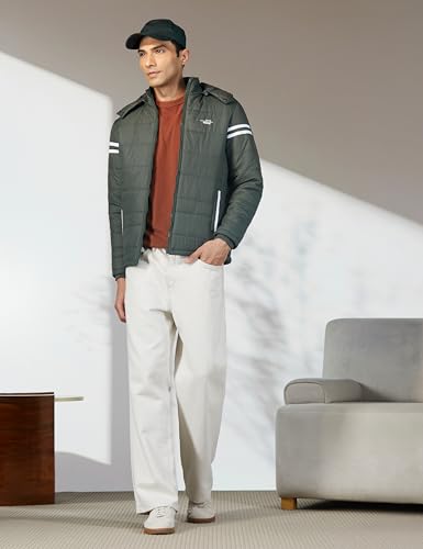 Image of Qube By Fort Collins Men's Nylon Standard Length Regular Fit Quilted Bomber Jacket with Detachable Hood - Winter Warm, Insulated Lining, Ribbed Cuffs, and Stylish Design