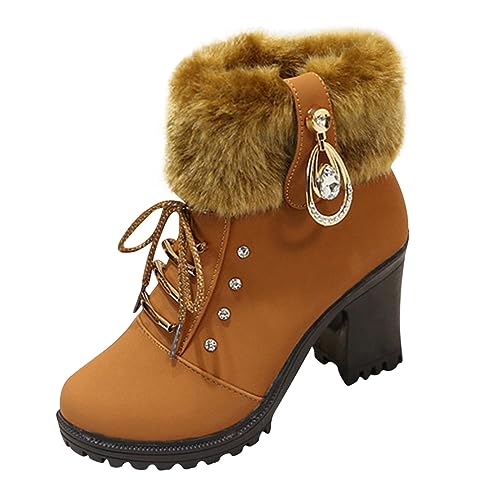 Women's Lace Up Winter Snow Boots Cold Weather Outdoor Rhinestone Warm Boot,Lace Up Round Head Plush Lined Chunky Heel Thermal Snow Boots
