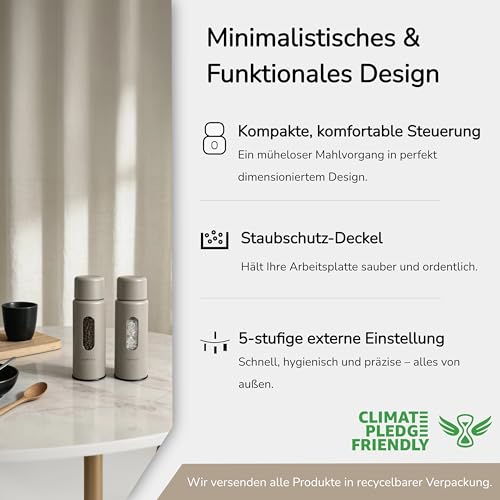 Aurevit Salz und Pfeffermühle Set Manuell, Pfeffer und Salzmühle mit Edelstahlkern & Keramikmahlwerk, Außenliegende Mahlgradeinstellung… – Ansicht 4
