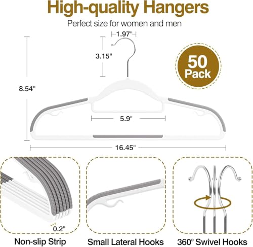 Image of Anti Slip Clothes Hangers - Space Saving Dry & Wet Hangers with Non-Slip Pads - Heavy Duty Coat, Suit, Underwear, Pants, Shirts - Grey (6)