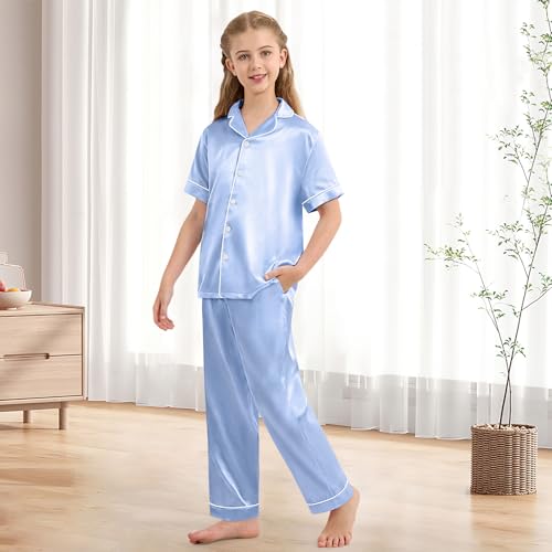 Weixinbuy Girls Pajamas Set Button Down Short Sleeve Pjs Satin Pajamas Sleepwear Lounge Set 3Pcs Pjs for Teen Kids Girls Boys2
