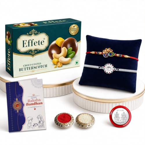 Image of DeoDap Rakhi with Chocolate for Brother - Feather Design & Silver Color Rakhi with Butter Scotch Chocolate (32gms), Silver Color Pooja Coin & Greeting Card & Tilak Set - Traditional Raksha Bandhan Combo