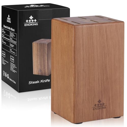 ENOKING Steak Knife Block Holder Without Knives, Acacia Wood Steak Knife Storage Stand with 6 Slots, Steak Knives Rack with Space Saver & Compact Design
