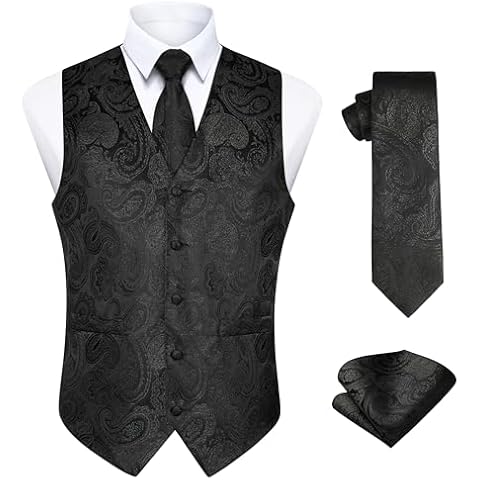 Enlision Mens Waistcoats Paisley Floral Jacquard Waistcoat Necktie Pocket Square Set Cover