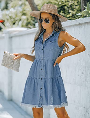 luvamia Women's Casual Summer Lapel Sleeveless Button Down Short Denim Jean Dress3