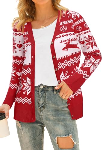 PCEAIIH Womens Cardigan Christmas Snowflake Reindeer Knitted Sweater Lightweight Button Down Cardigan Knit Casual Outwear Xmas Red