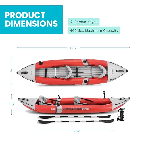 Image of INTEX 68309EP Excursion Pro K2 Inflatable Kayak Set: Includes Deluxe 86in Kayak Paddles and High-Output Pump - SuperTough PVC - Adjustable Bucket Seat - 2-Person - 400lb Weight Capacity