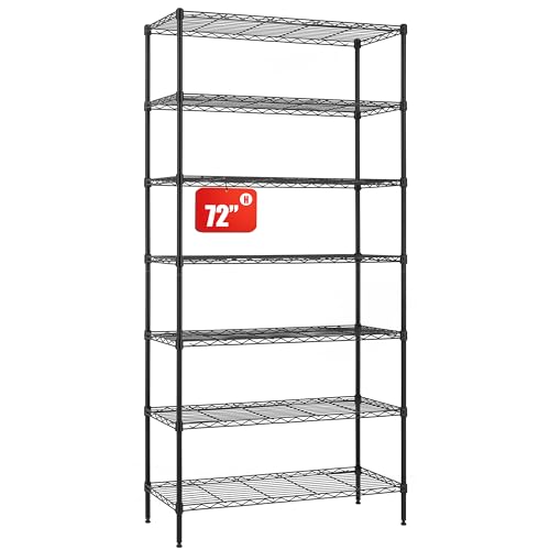 Finnhomy 7-Tier Wire Shelving Unit - Adjustable Steel Rack, 14x36x72 Inches, Metal Storage With NSF Certified - Black Pantry Shelves for Garage